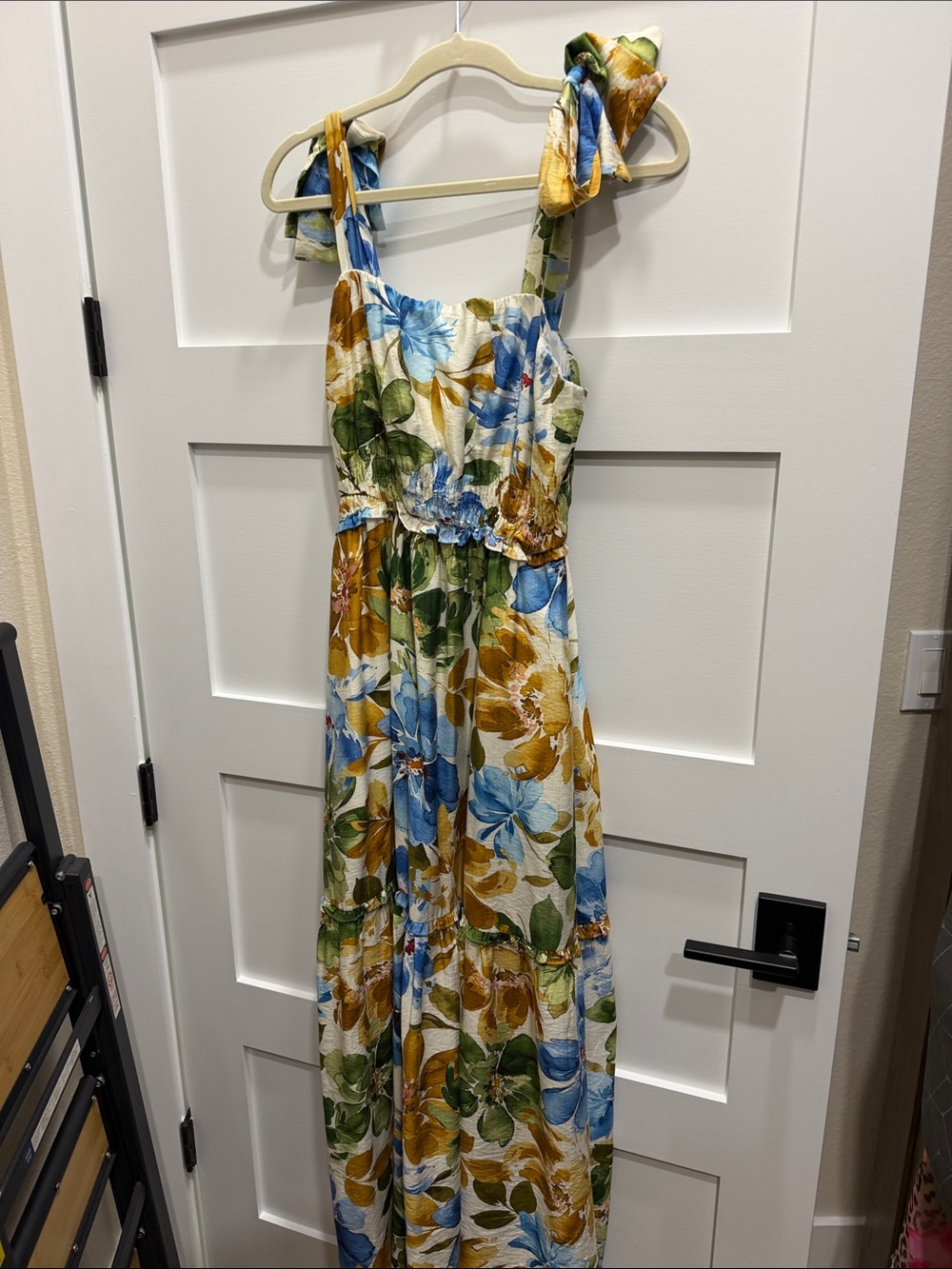 eesome Floral Tie-Shoulder Maxi Dress in Blue, Green & Mustard